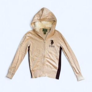 Cream knit zip up hoodie with faux fur hood size M by US Polo Assn